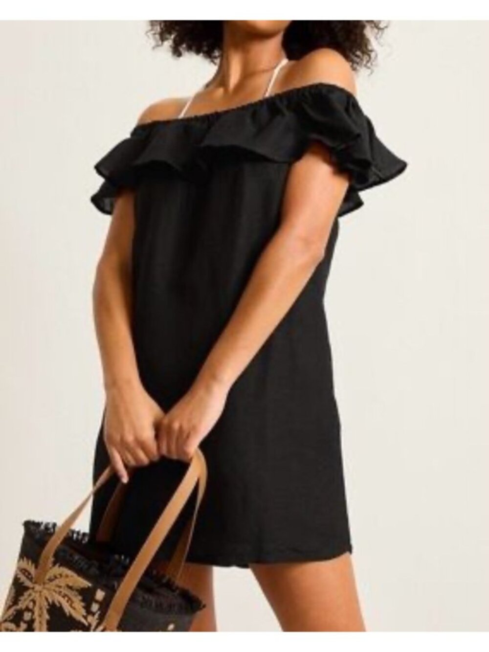 Tommy Bahama Women Sz XS Black Off-Shoulder Ruffle Dress Linen Blend